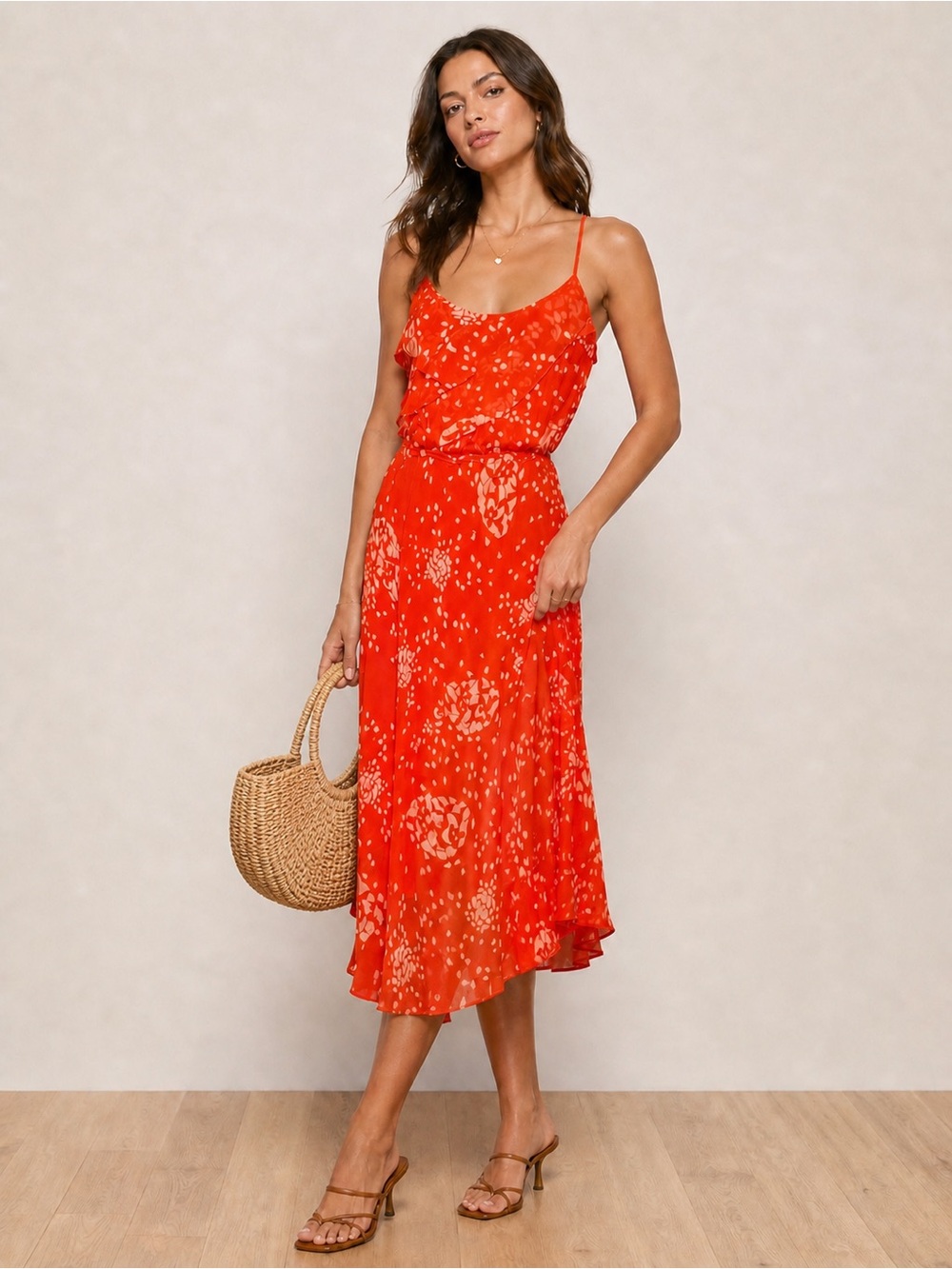 Y2K‎ Yoana Baraschi Silk Slip Dress Tangerine Red Floral Ruffle L